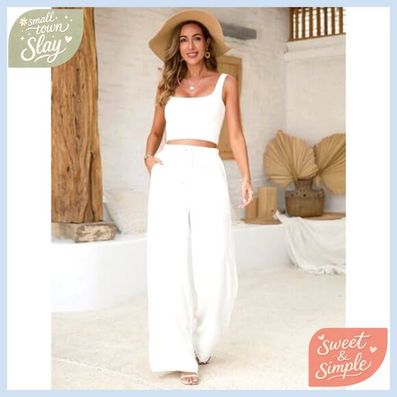 High Waisted Wide Leg Linen Pants Drawstring Palazzo Trousers Casual - Picture 3 of 7